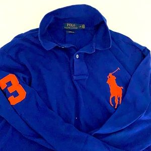 Long sleeve blue polo with orange logo and #3
